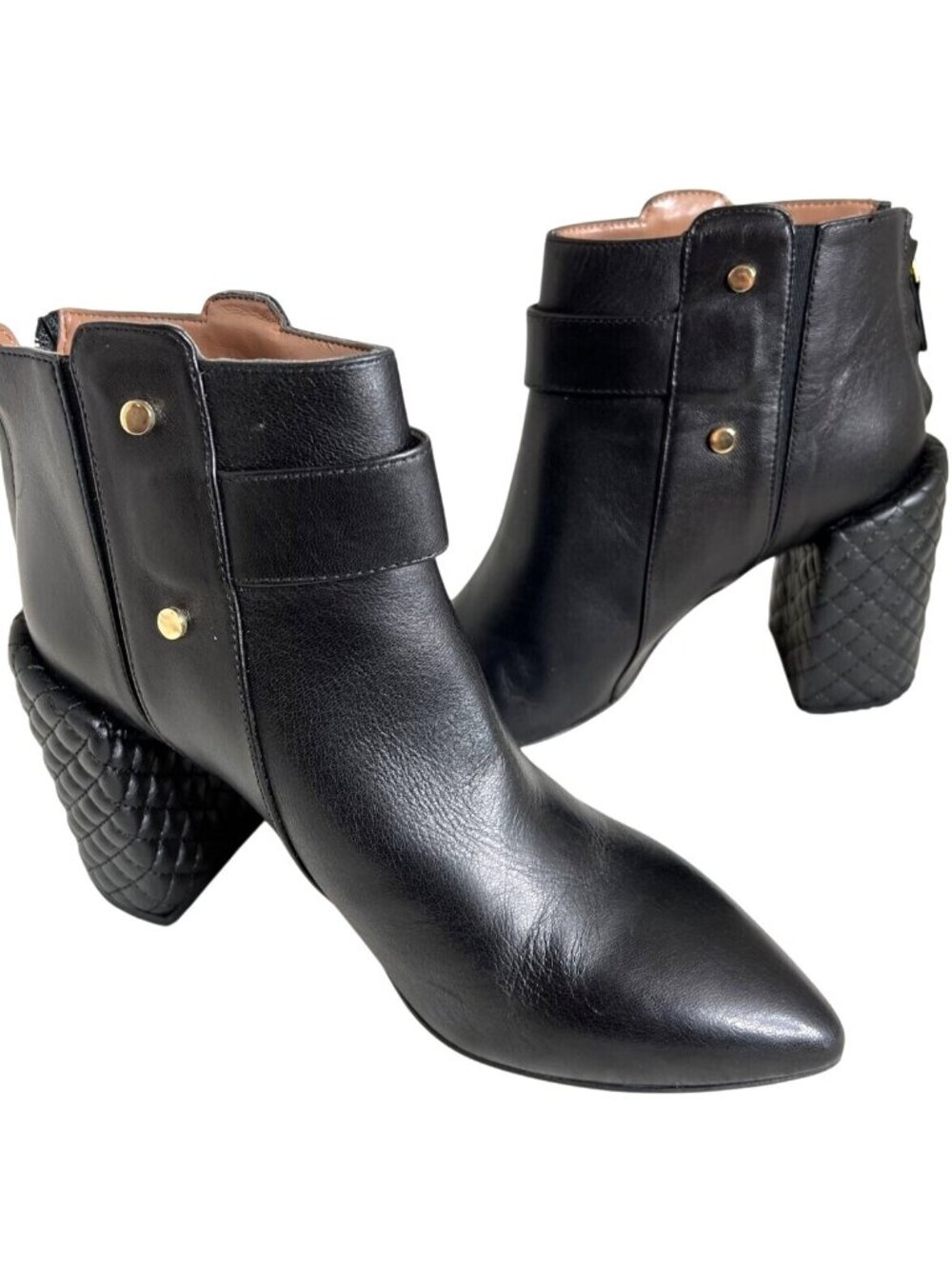 BCBG Maxazria Black Leather Quilted Heel Ankle Boots With Gold Studs Size 39
